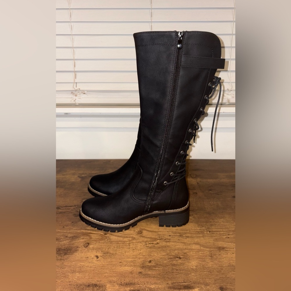 NWOT Global Win Black Lace-Up Knee High Boots - Picture 6 of 13